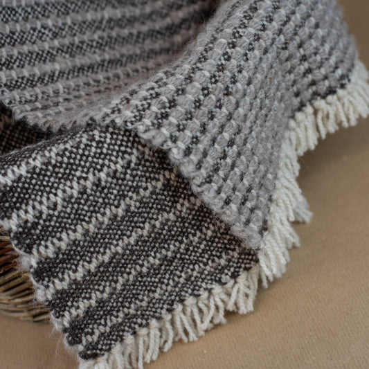 Textured blanket with fringe on a brown surface