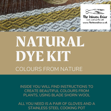 Text reads, Natural Dye Kit. Colours from Nature. On a teal and brown background with an image of weaving in the background.