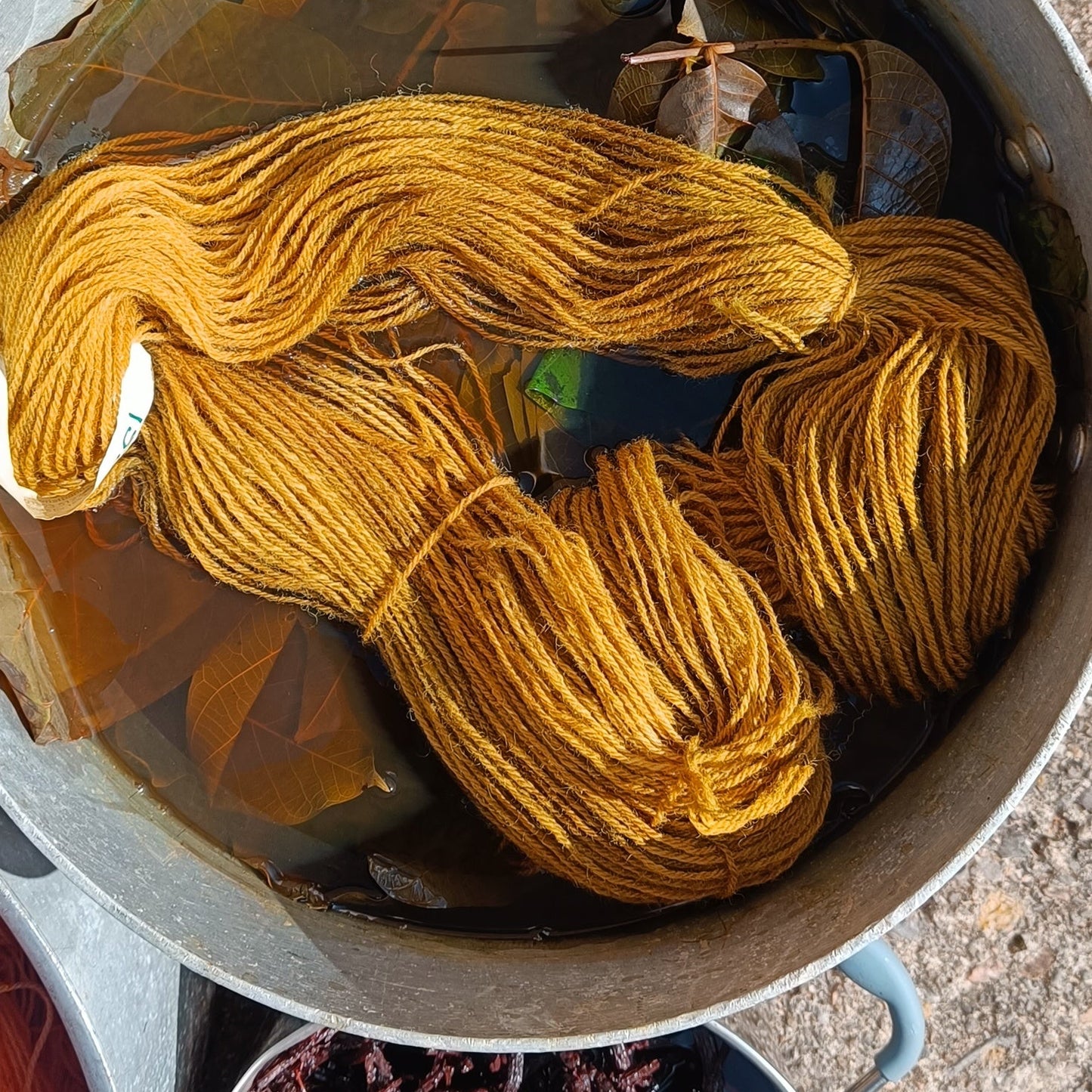 Yellow yarn in a walnut dye pot with on a rustic background