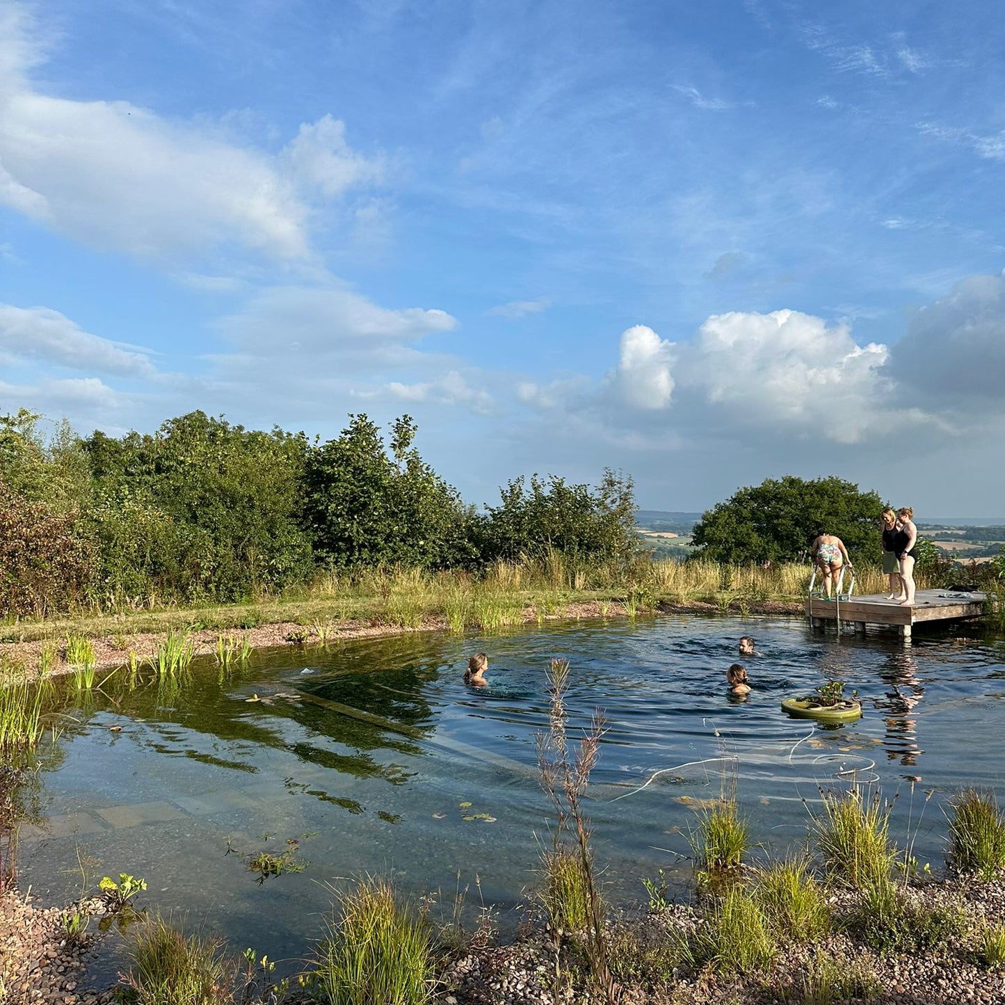 People swimming in a natural pond with trees and blue sky in the background